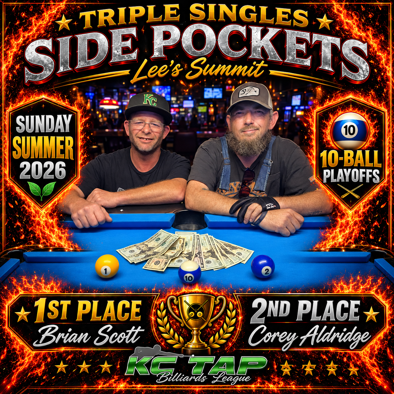 Triple Singles Side Pockets Lee's Summit Sun Spring 2026 10-Ball Playoff winning picture